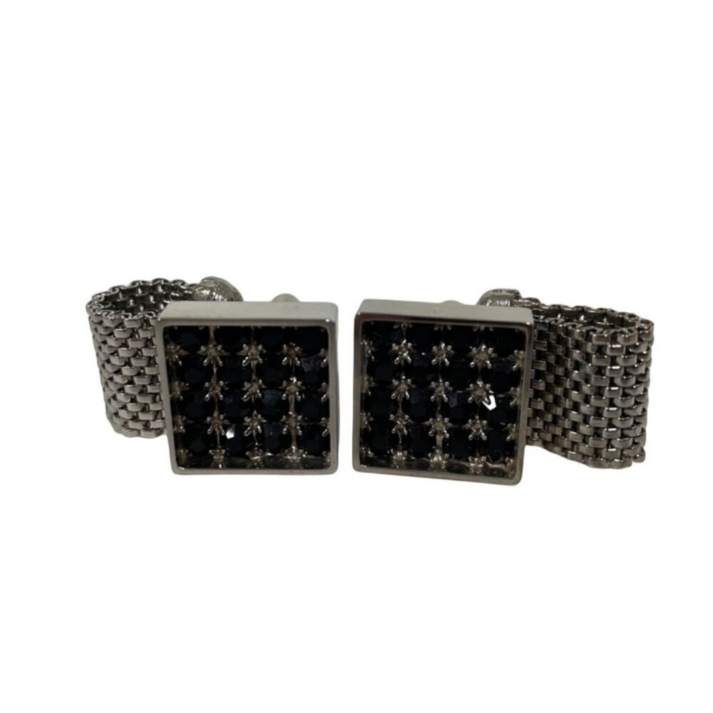 Lucien Perreaux Vintage Cuff Links Silver‎ Toned Black Rhinestone Square